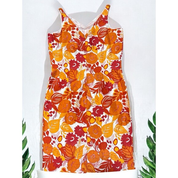 Bob Mackie Studio Dress Size 4 Orange Red Floral Mod Sleeveless 100% Silk Midi - Picture 2 of 5